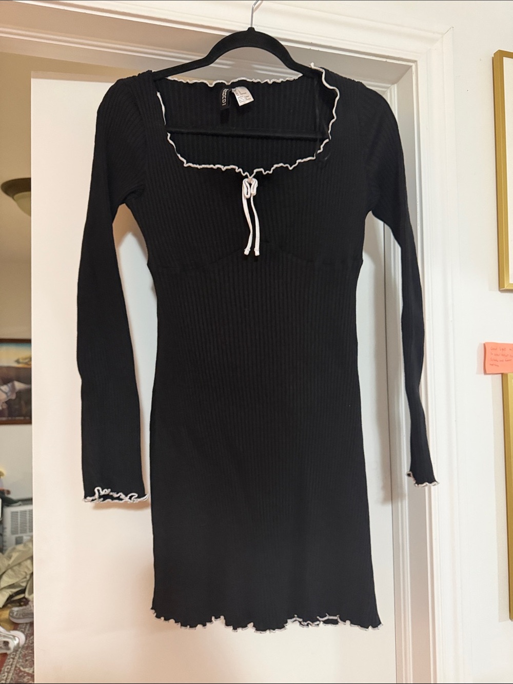 H&M Black Long-Sleeve Ribbed Mini Dress with White Trim